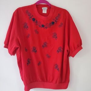 BonWorth Vintage Red Floral Embroidered Top SzXL Grandmacore Cottagecore Country